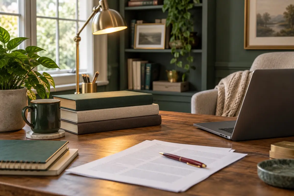 A tidy desk with reference books, a marked-up document, and a laptop