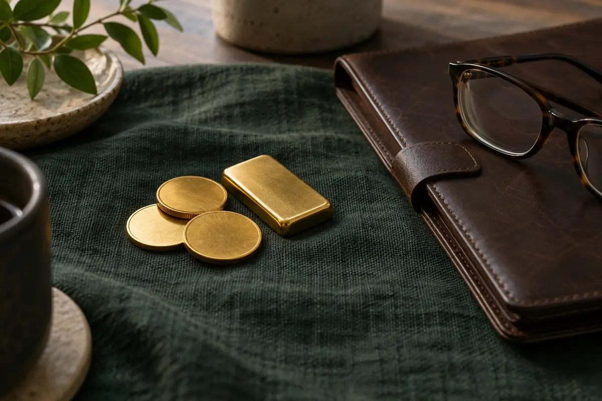 Gold coins and a small gold bar on a green linen cloth beside reading glasses