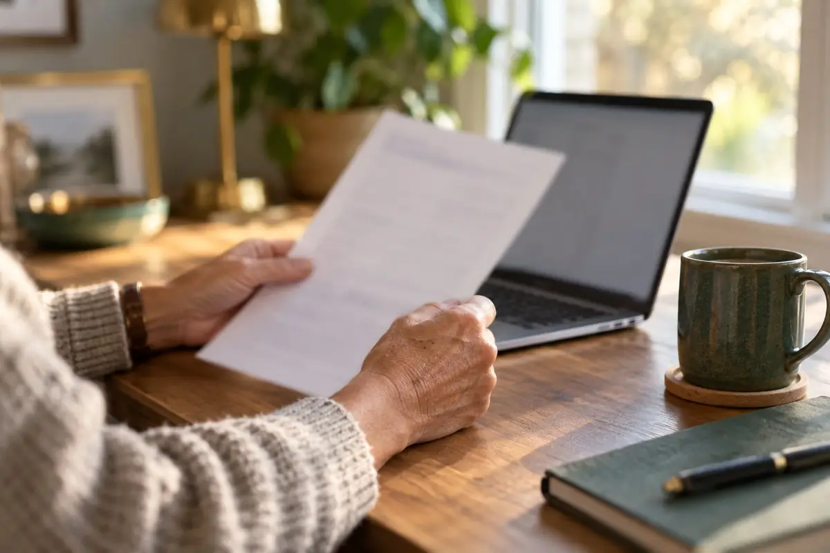 Hands holding a paper form beside an open laptop and a mug
