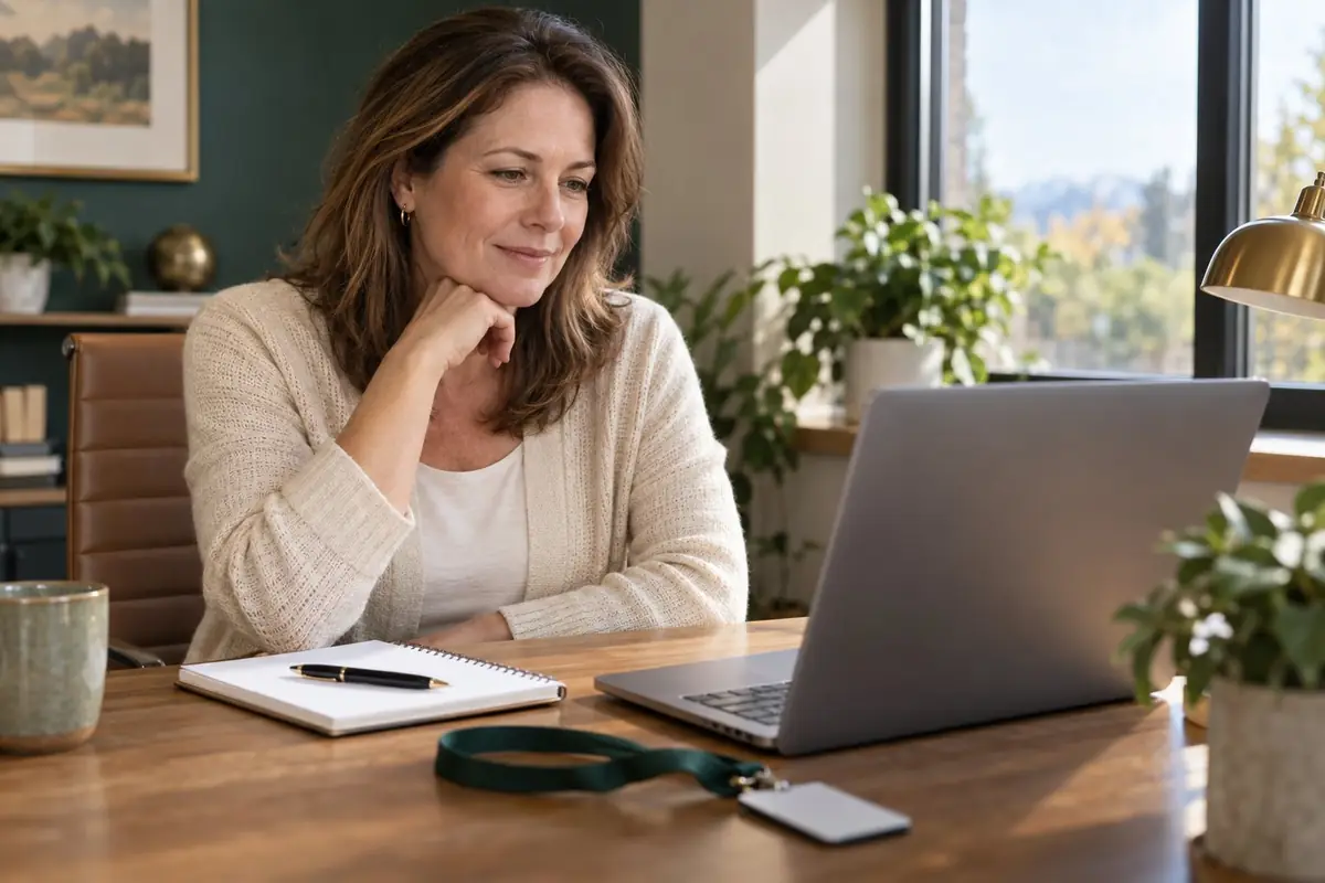 A woman in her mid-forties at an office desk with a laptop and a notebook