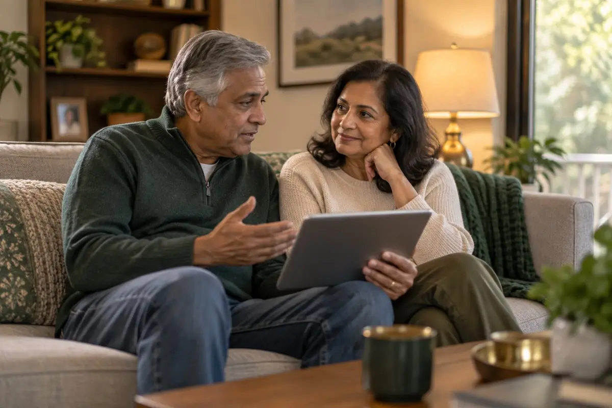 A couple in their early sixties talking over a tablet on a living-room sofa