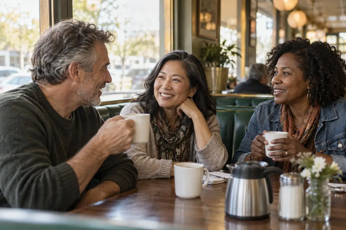 Three friends in their fifties talking over coffee at a diner booth
