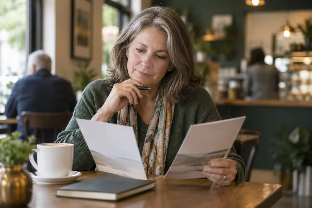 A woman in her fifties comparing two brochures at a cafe table