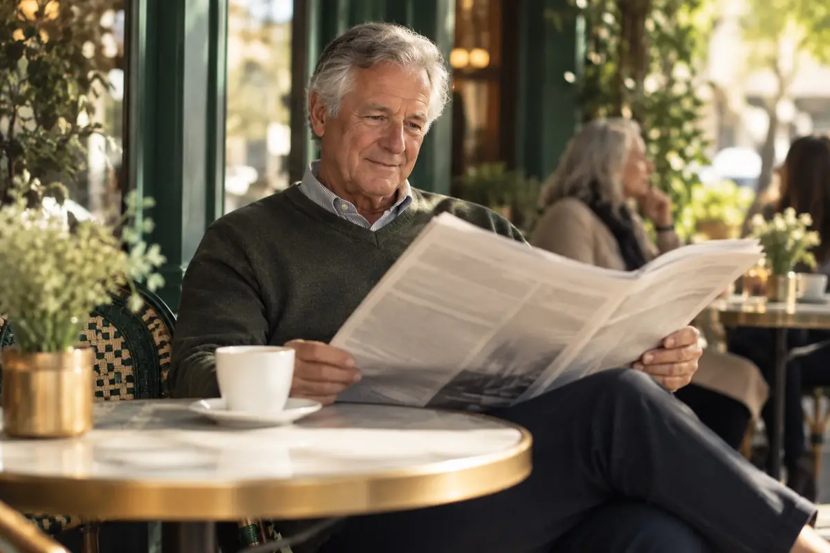 A man in his sixties reading a newspaper at a cafe table