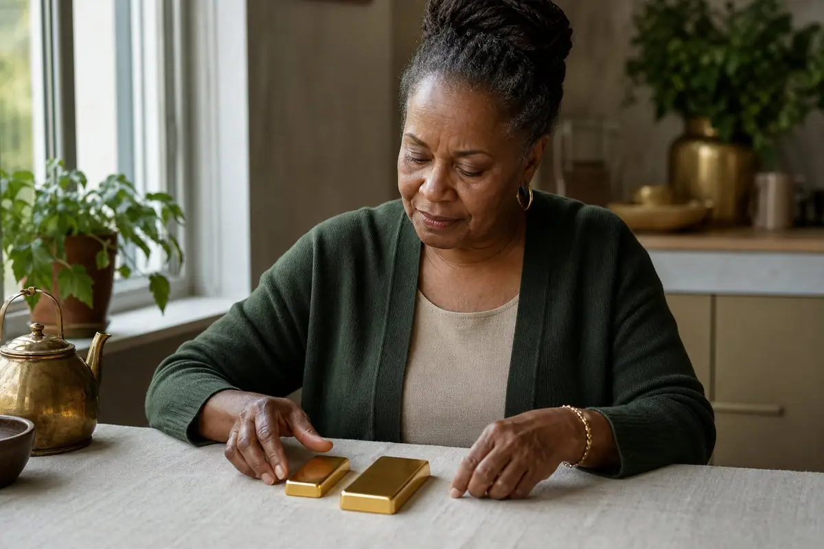 A woman in her early sixties comparing a small gold bar and a larger one on a cloth at a kitchen table