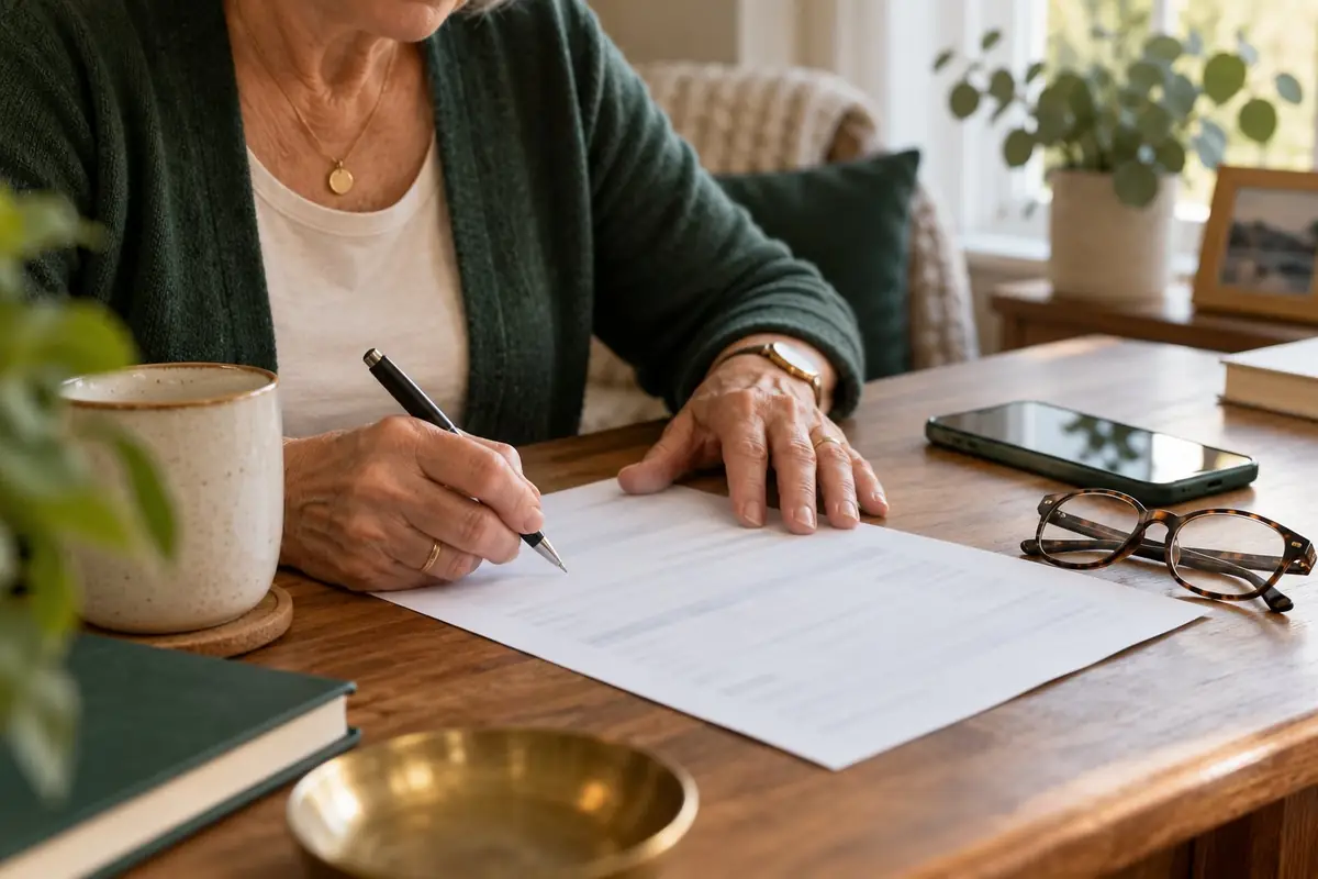 A woman's hands holding a pen over a printed form on a wooden desk