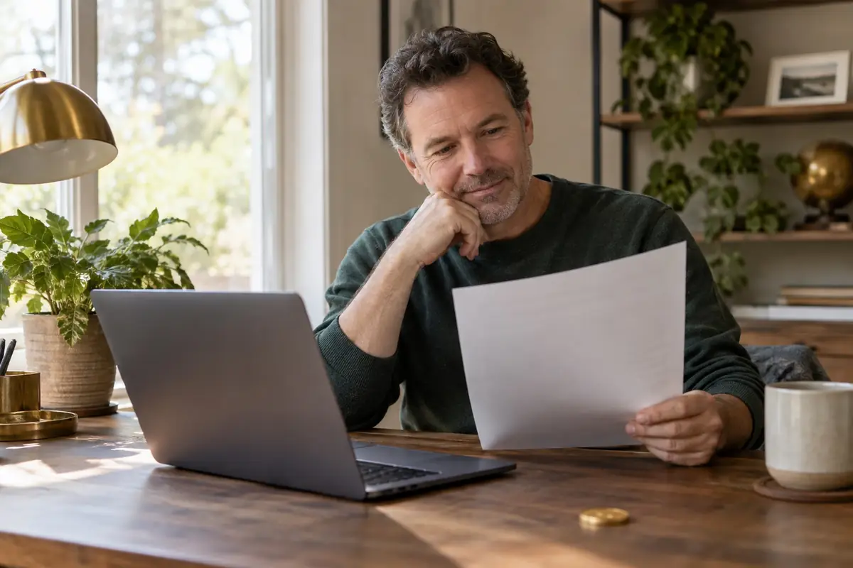 A man in his fifties reading at a home desk beside a laptop and a gold coin