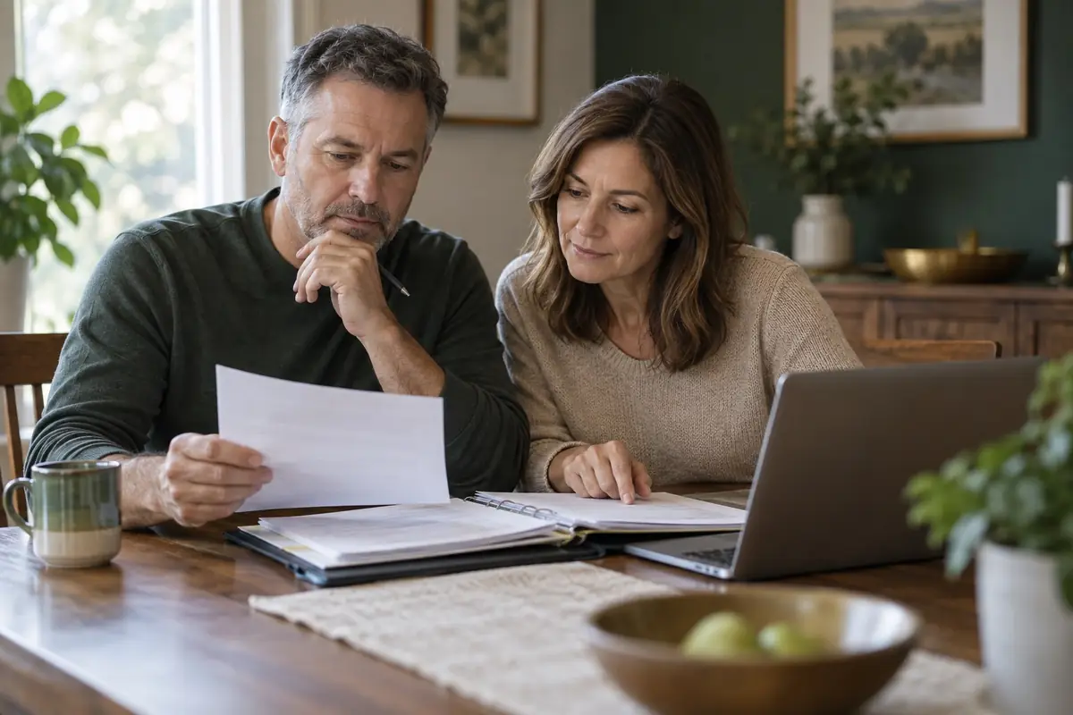 A couple in their fifties working through a folder of papers at a dining table