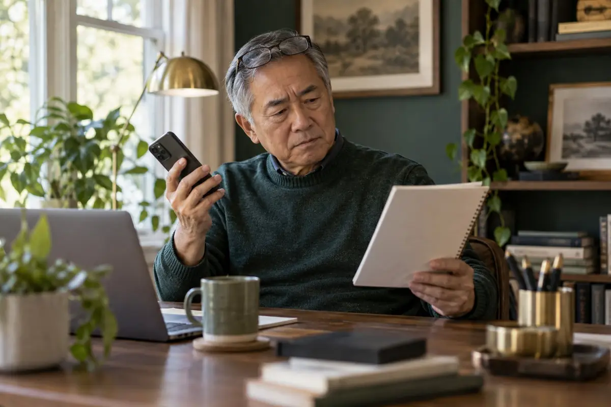 An older man holding a phone away from his ear and looking sceptically at a notepad