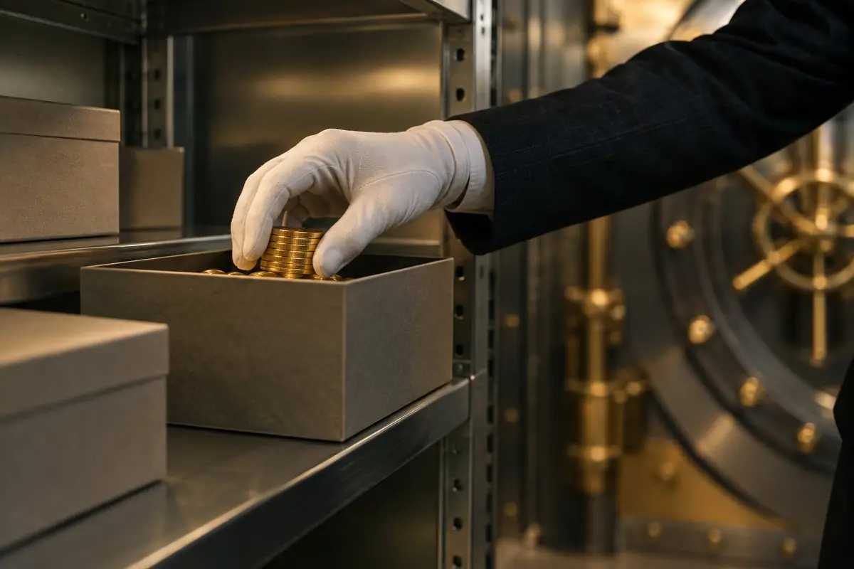 A gloved hand placing gold coins into a storage box on a steel shelf