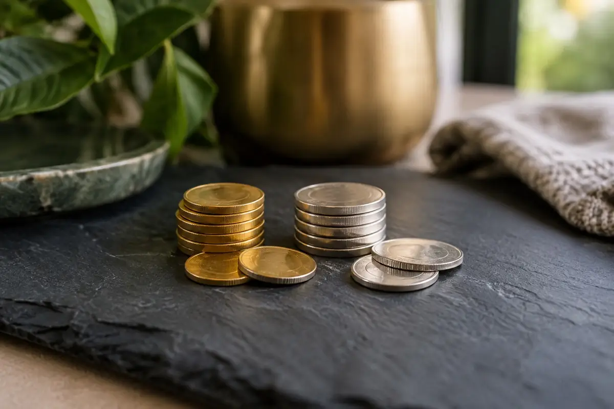 Gold and silver coins side by side on a slate surface