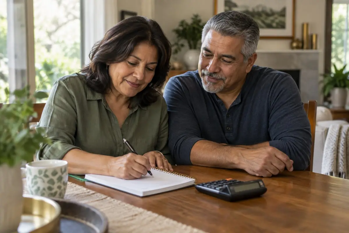 A couple in their late fifties at a dining table with a notepad and a calculator