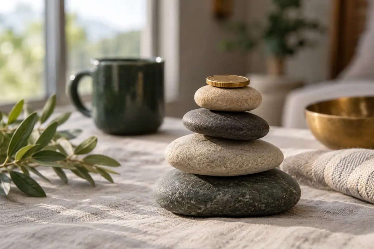 Smooth stones balanced in a stack with a gold coin on top