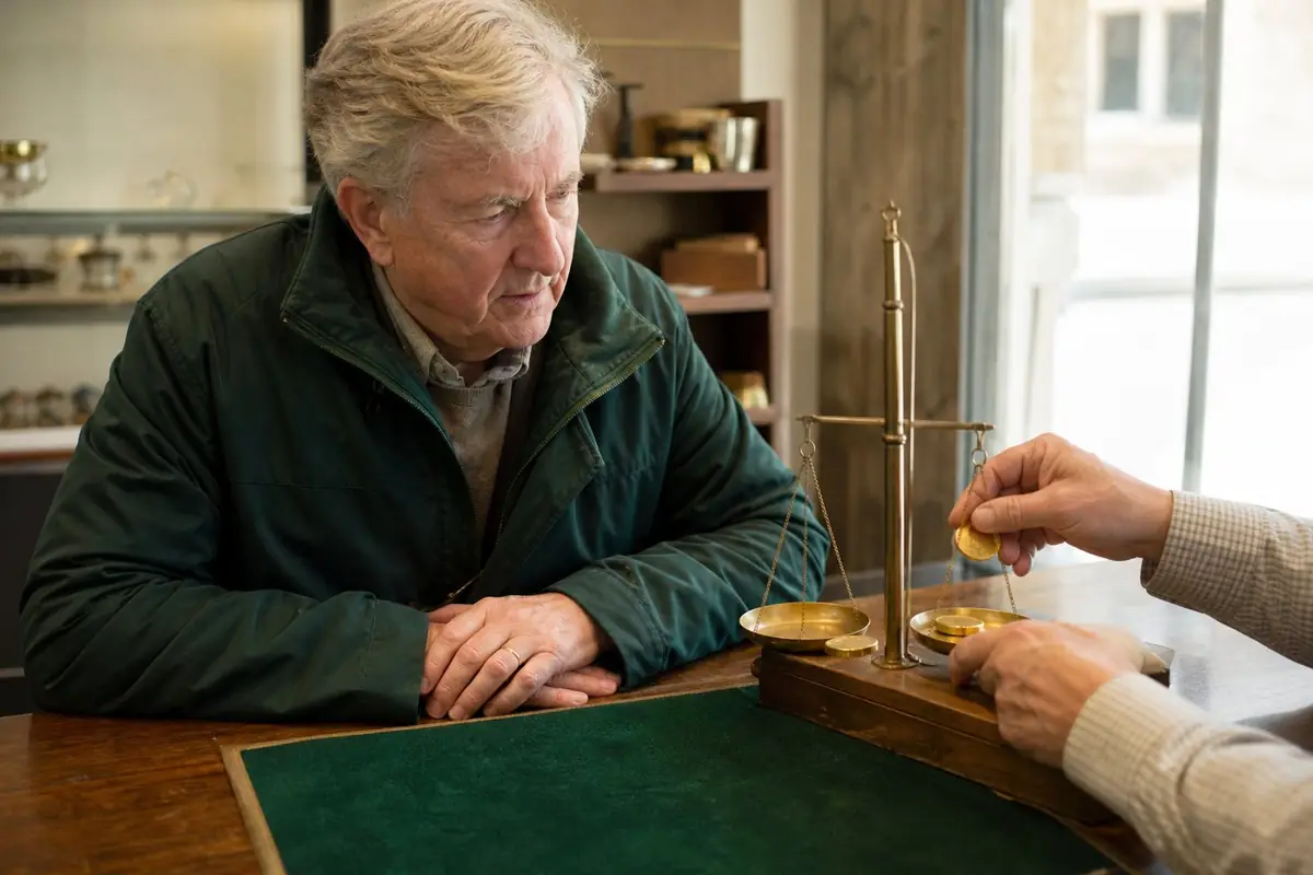 A man in his late sixties watching a dealer weigh a few gold coins on a small scale at a shop counter