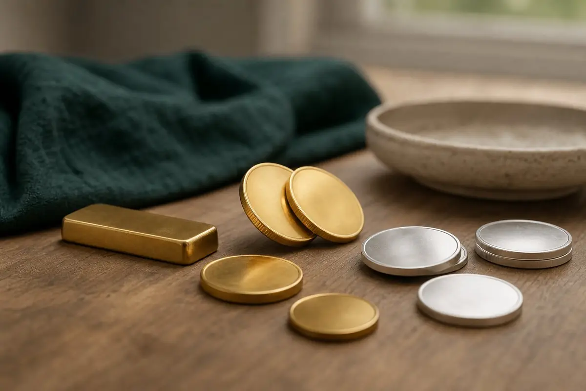 A few gold and silver coins and a small gold bar on a wooden desk in daylight