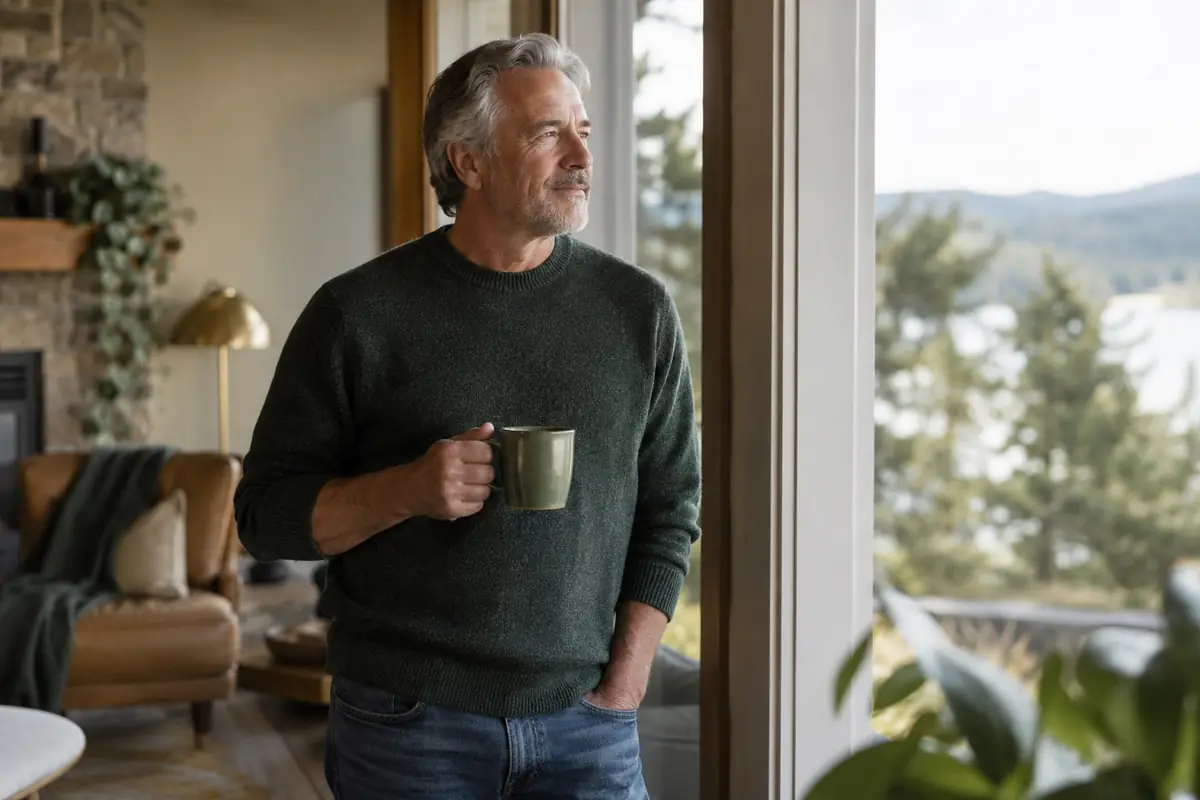 A man in his late fifties looking out a window with a cup of coffee
