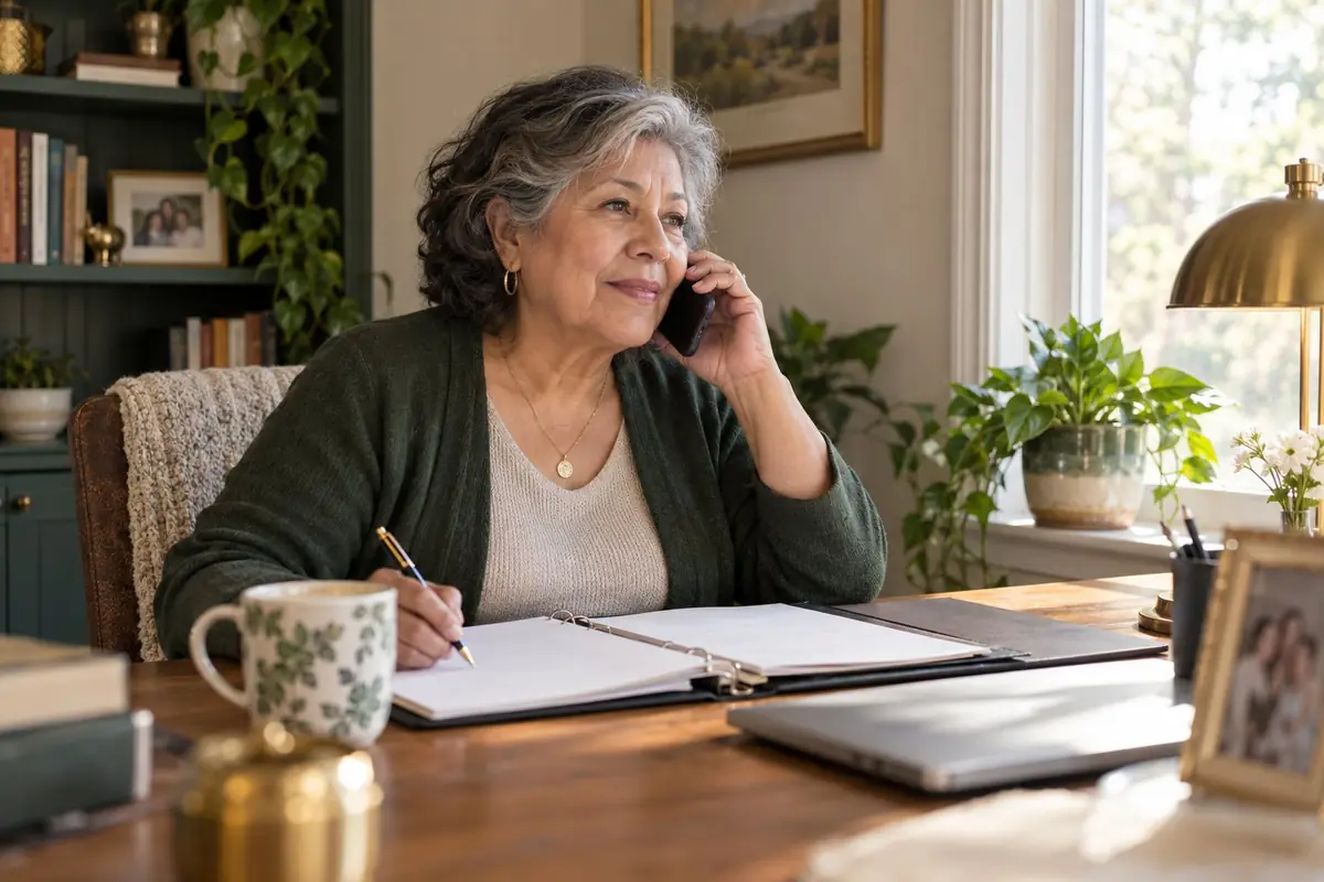 A woman in her seventies on the phone at a home desk with a folder of papers