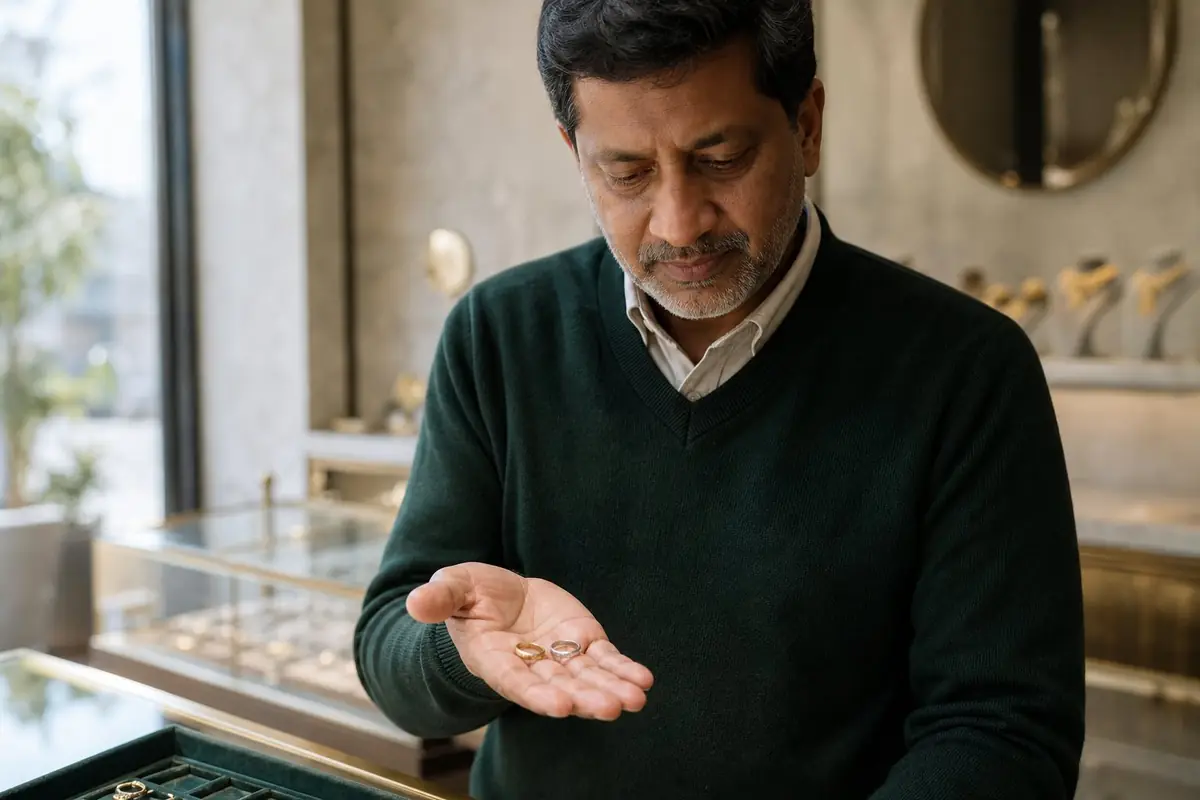 A man in his fifties at a jeweler's counter comparing a silver-white ring and a yellow gold ring in his open palm