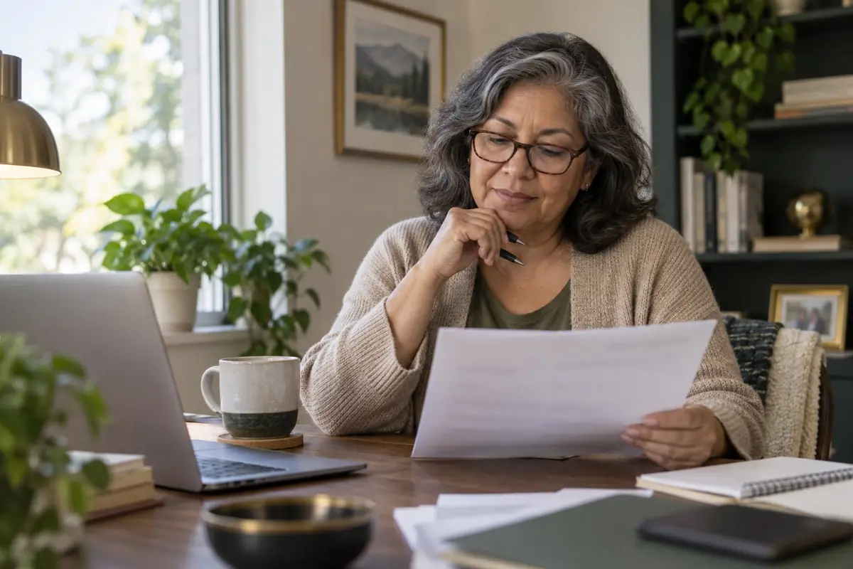 A woman in her early sixties reviewing a paper statement at a home desk