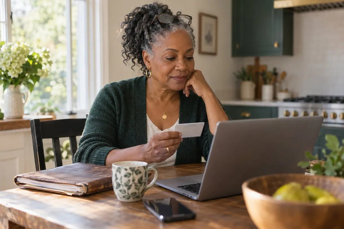 A woman of about sixty holding an ID card beside an open laptop at a kitchen table