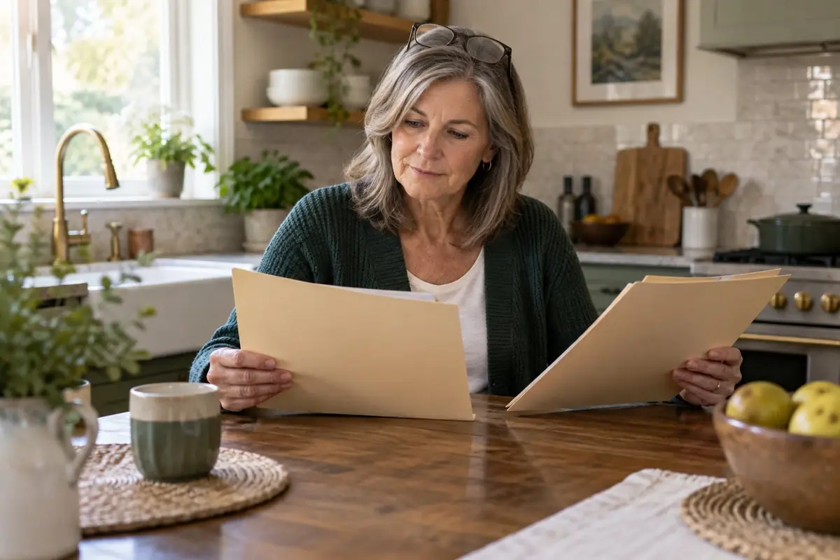 A woman in her late fifties sorting two folders at a kitchen table