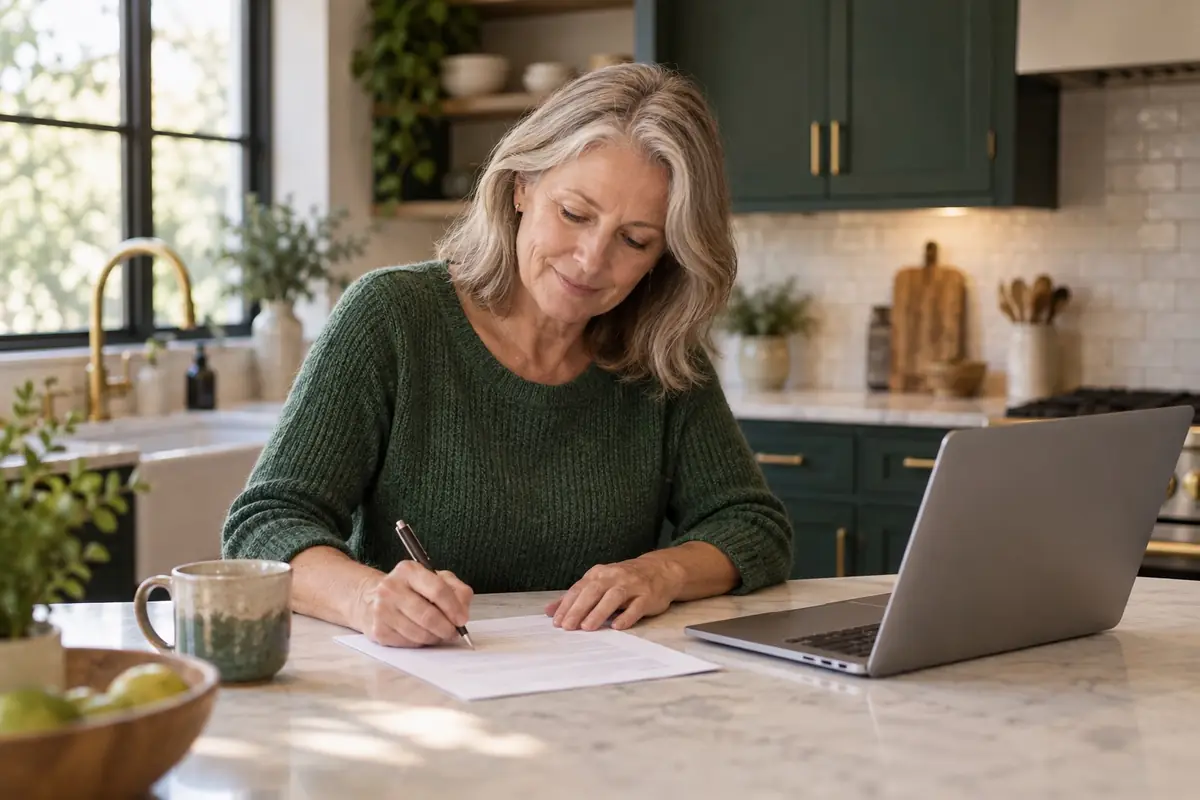 A woman in her late fifties signing a form at a kitchen island