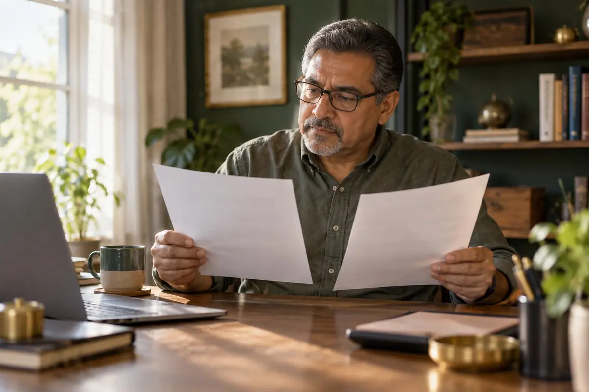 A man in his sixties comparing two printed sheets at a home office desk