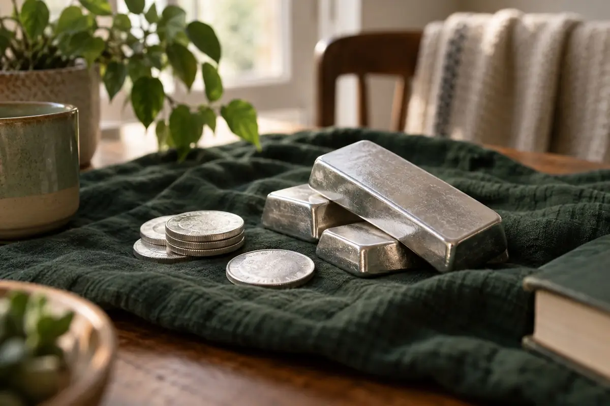Silver bars and coins resting on dark green linen