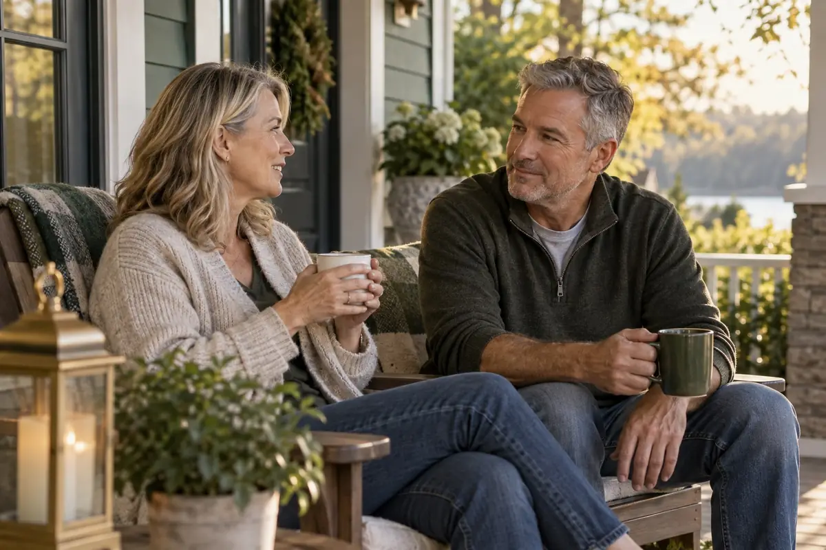 A couple in their fifties talking on a front porch