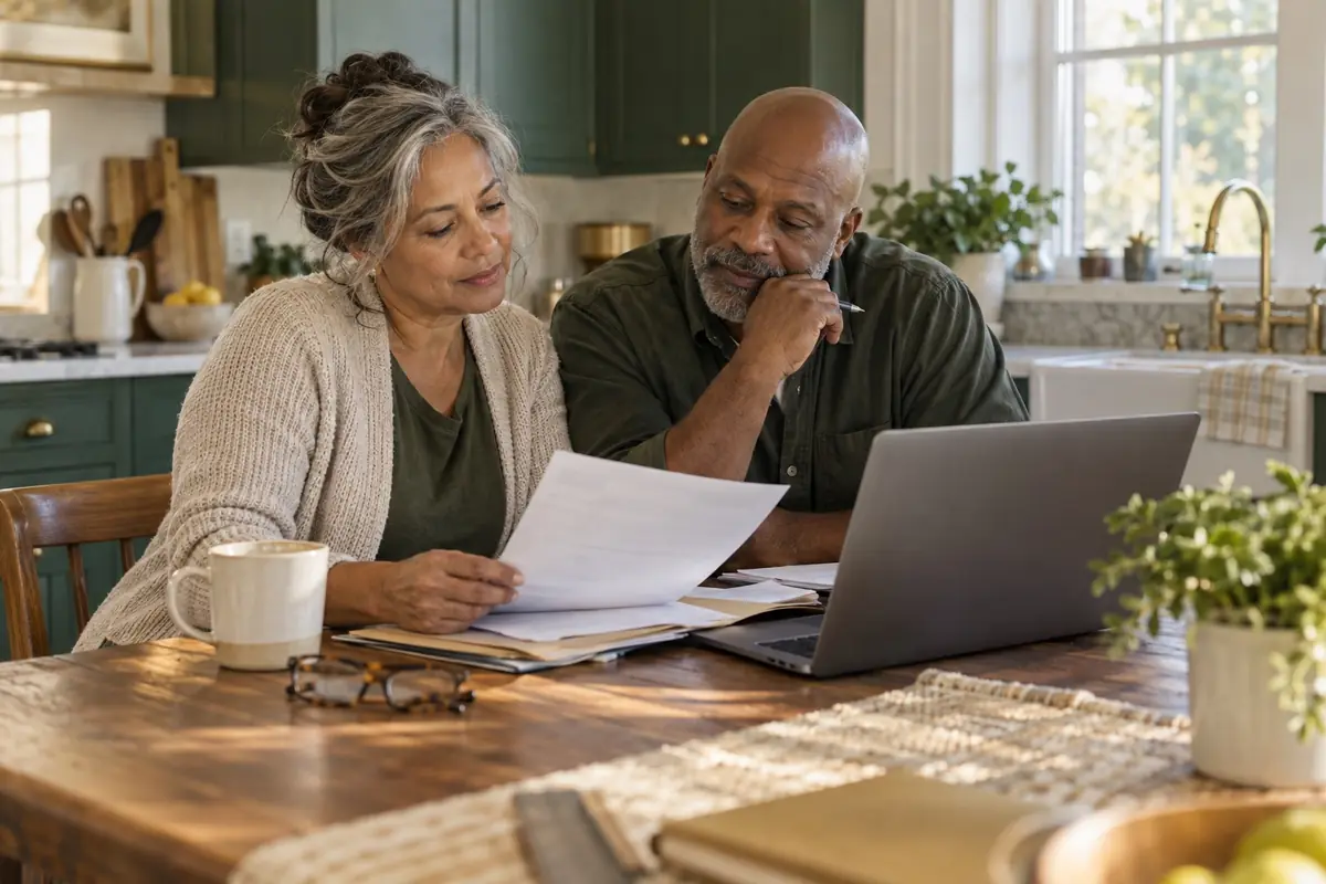 A couple in their sixties reviewing retirement paperwork together at their kitchen table