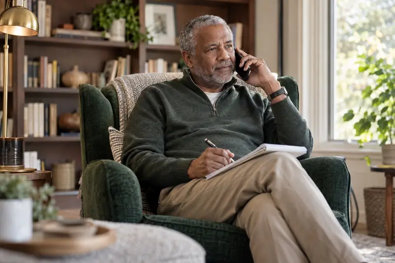 A retiree on the phone taking notes