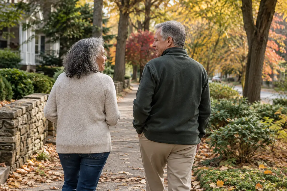 A couple in their sixties walking on a tree-lined path in autumn