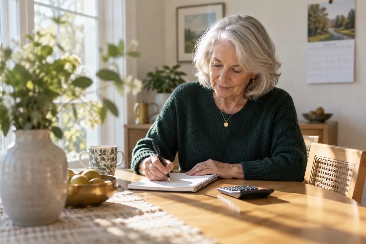 A woman writing in a notebook next to a desk calculator